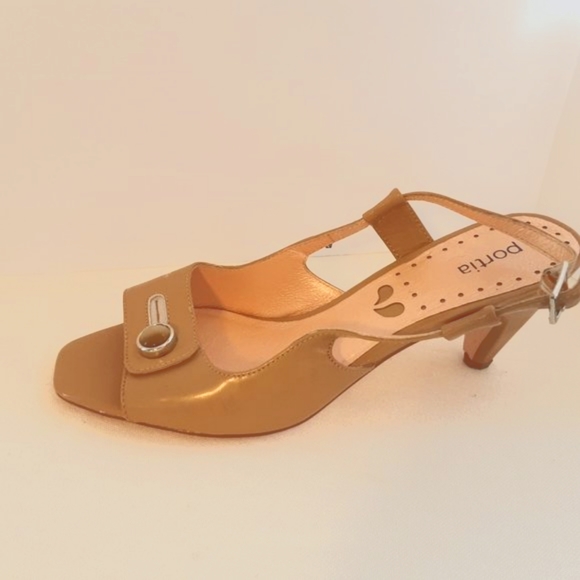 Portia Tan Patent Leather Sling Back Sandals Heels | 8 - Picture 7 of 12